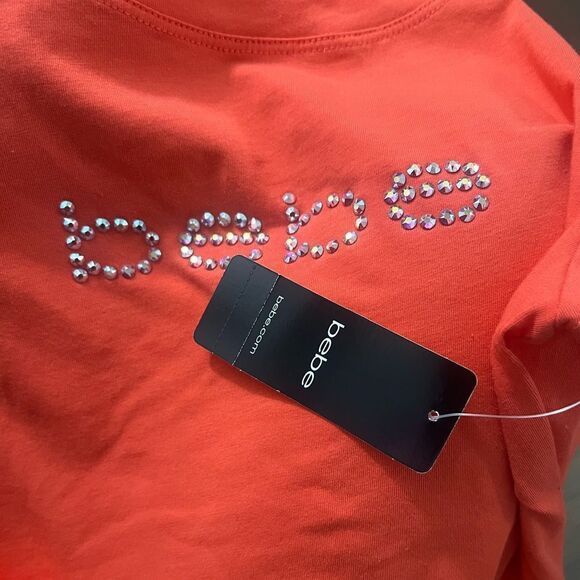 Bebe Basic Rhinestone Embellished bebe logo short sleeve Tee Coral Xsmall - Picture 7 of 8